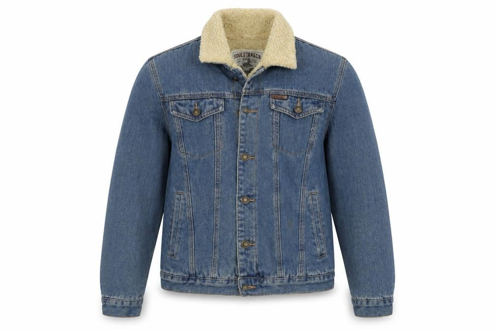 Front view of Soulstar & Co men’s blue jacket, size L, button