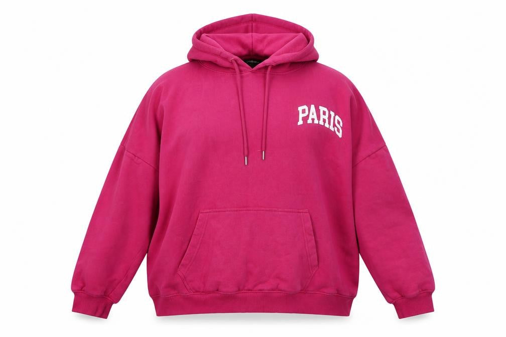 Front view of Pink Vanilla women’s pink cotton pullover hoodie, size M, pullover