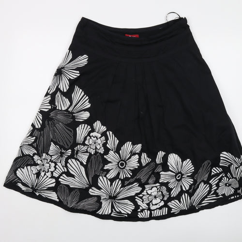 Monsoon Womens Black Floral Cotton A-Line Skirt Size 12 Zip