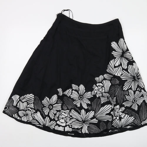 Monsoon Womens Black Floral Cotton A-Line Skirt Size 12 Zip