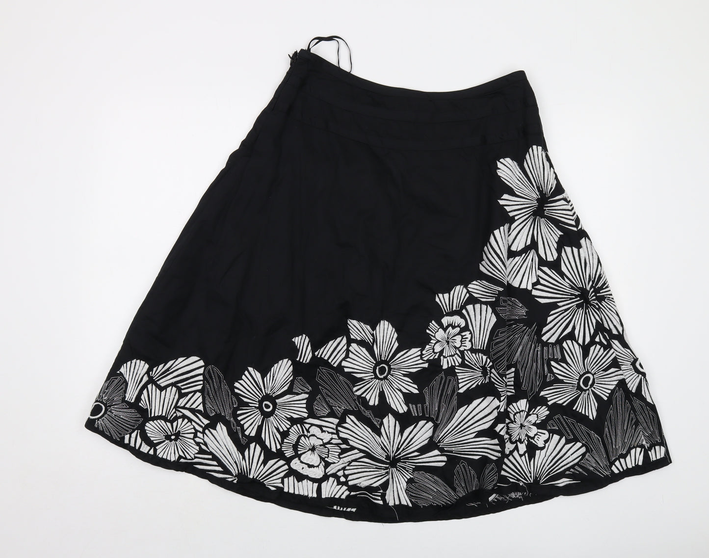 Monsoon Womens Black Floral Cotton A-Line Skirt Size 12 Zip