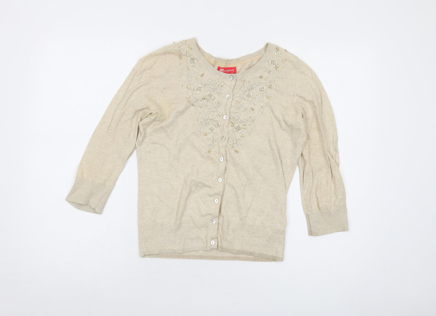 Monsoon Womens Beige Round Neck Cotton Cardigan Jumper Size 12