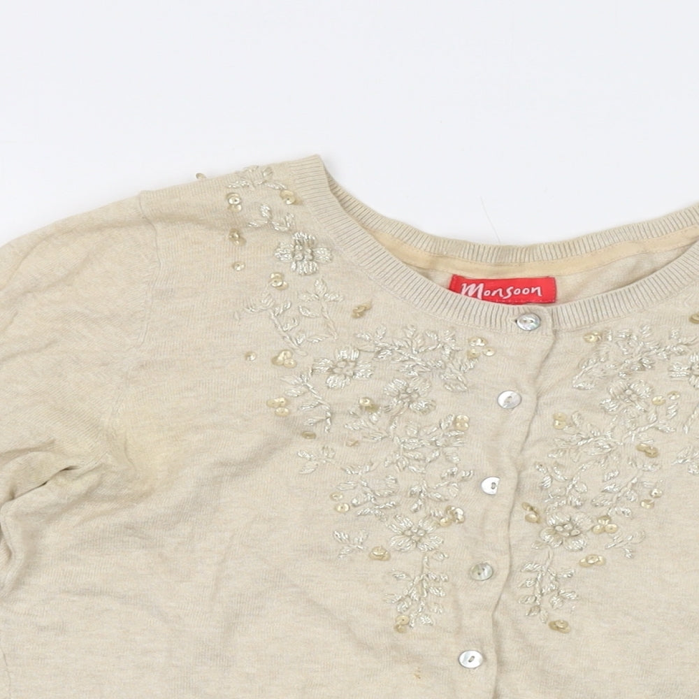 Monsoon Womens Beige Round Neck Cotton Cardigan Jumper Size 12