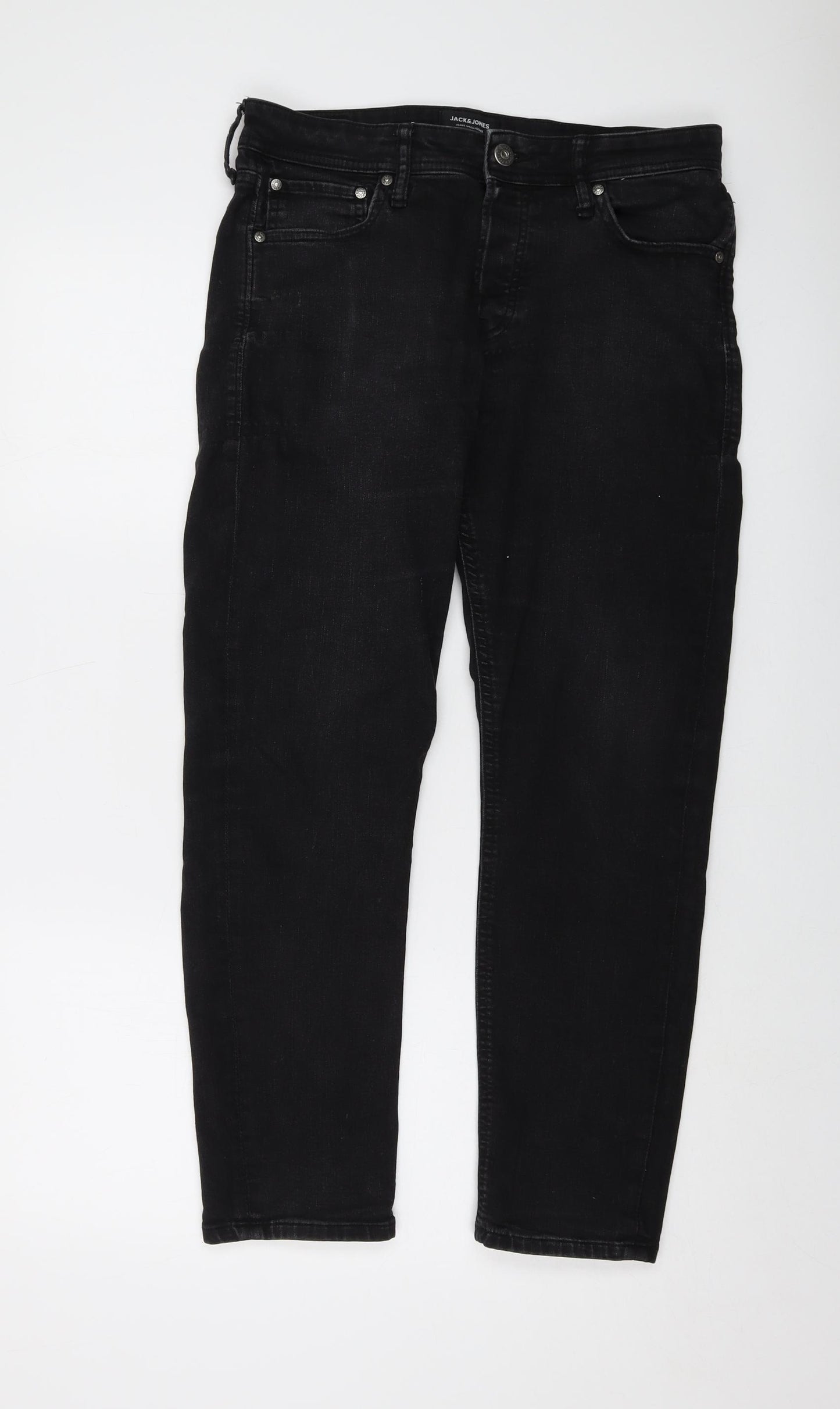 JACK & JONES Mens Black Cotton Straight Jeans Size 32 in L28 in Regular Button