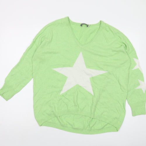 Mint Velvet Womens Green V-Neck Acrylic Pullover Jumper Size L - Star Print