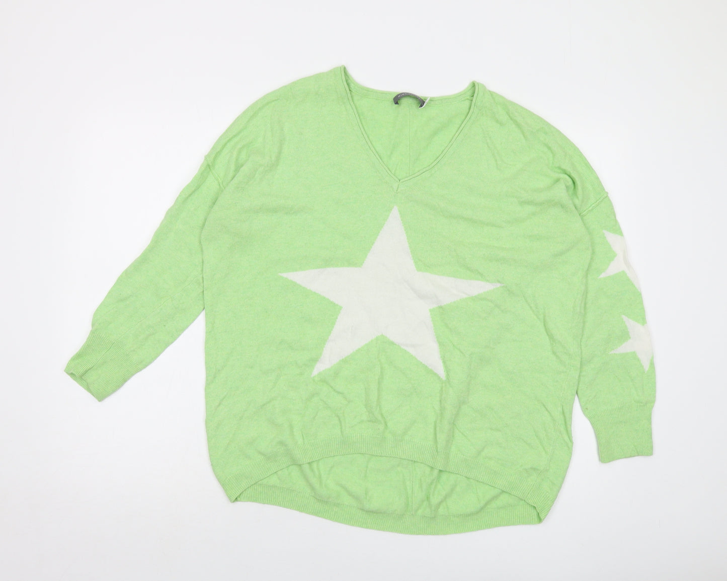 Mint Velvet Womens Green V-Neck Acrylic Pullover Jumper Size L - Star Print