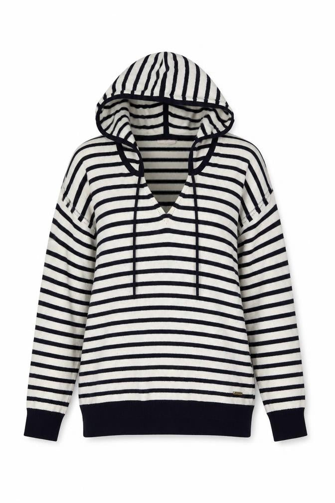 Front view of Part Two women’s blue v-neck striped cotton jumper, size XS
