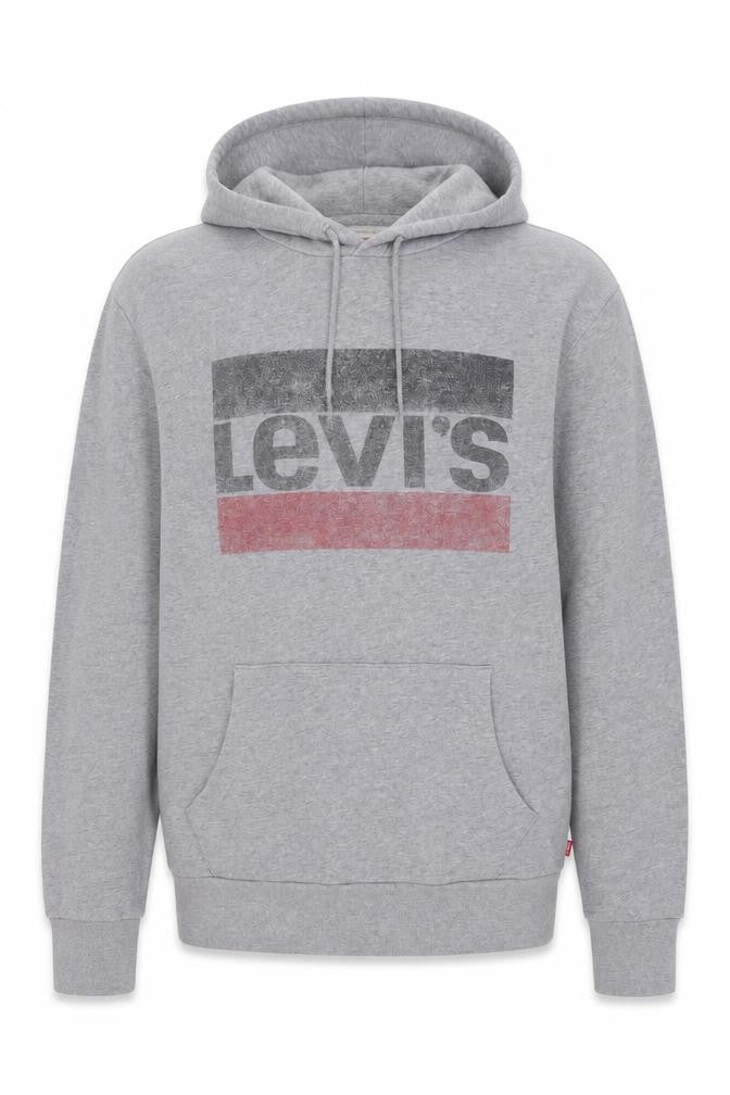 Front view of Levi's men’s grey cotton pullover hoodie, size M, - logo