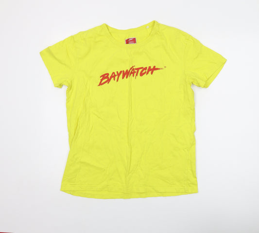 Baywatch Mens Yellow Cotton T-Shirt Size L Crew Neck - Logo