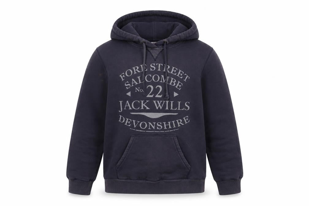 Front view of Jack Wills boys’ blue cotton pullover hoodie, size 12, years pullover - logo