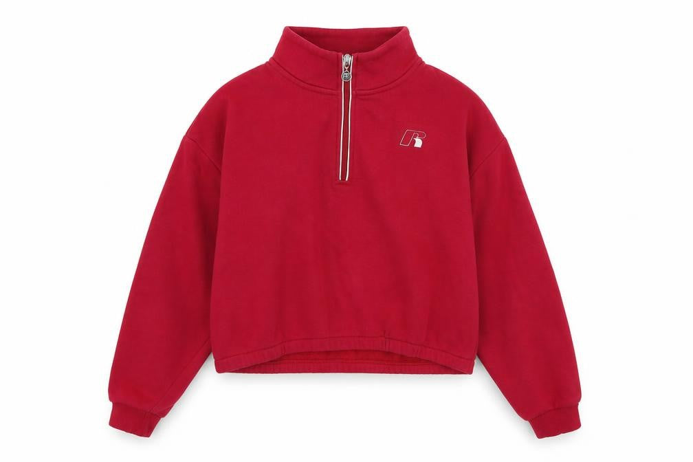 Front view of Russell Athletic women’s pink cotton pullover sweatshirt, size M, zip