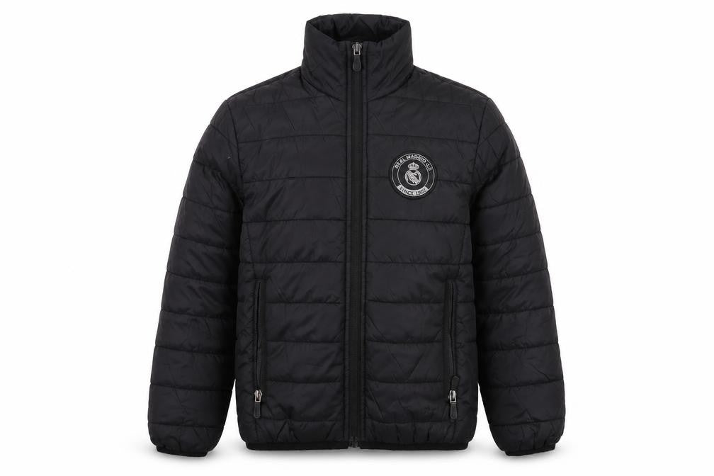 Front view of Real Madrid boys’ black jacket, size 6, years zip
