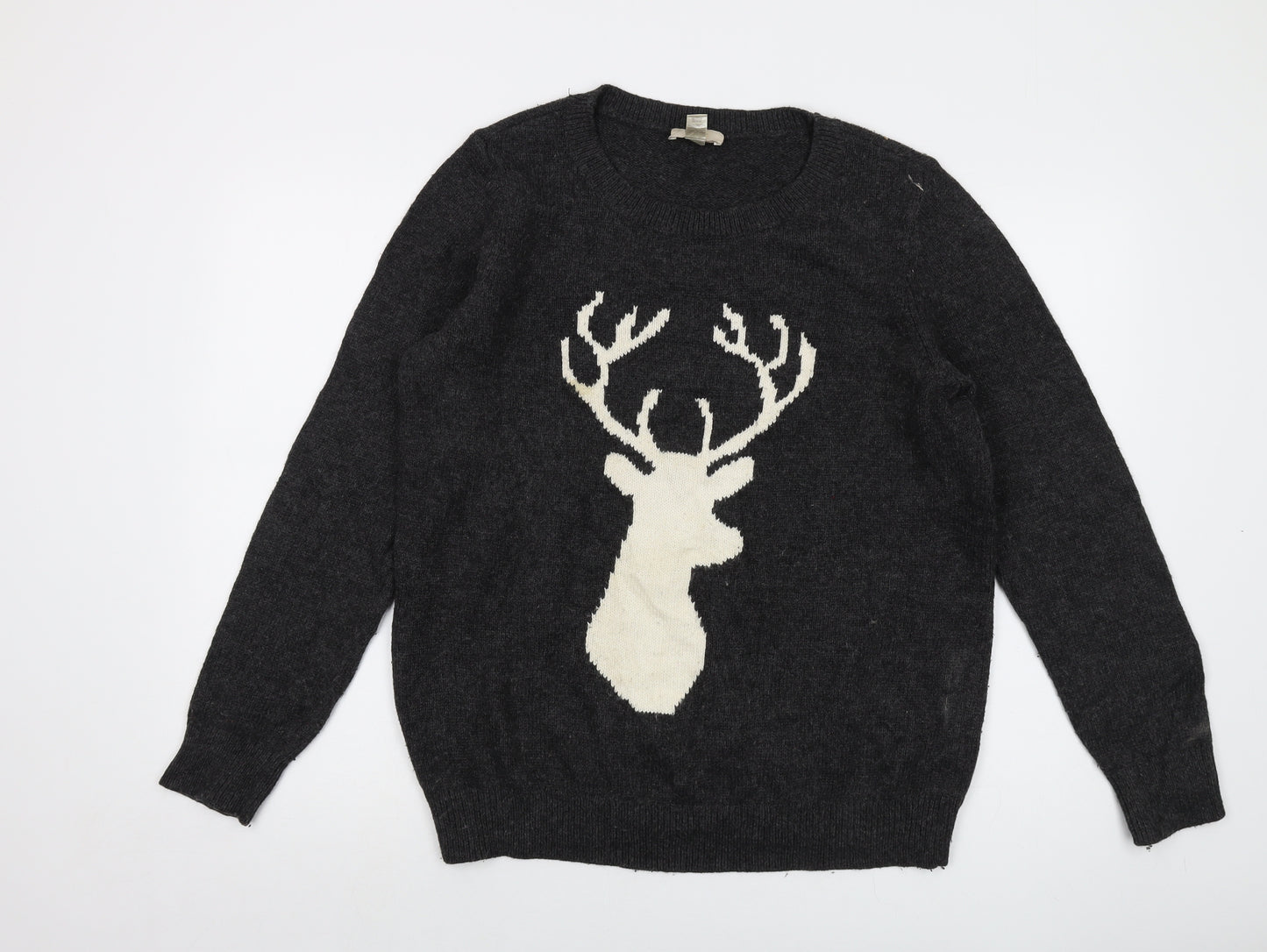 LOFT Mens Grey Crew Neck Cotton Pullover Jumper Size L Long Sleeve - Reindeer