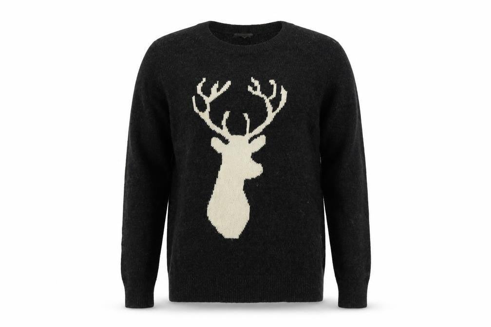 Front view of LOFT men’s grey crew neck cotton jumper, size L, long sleeve - reindeer