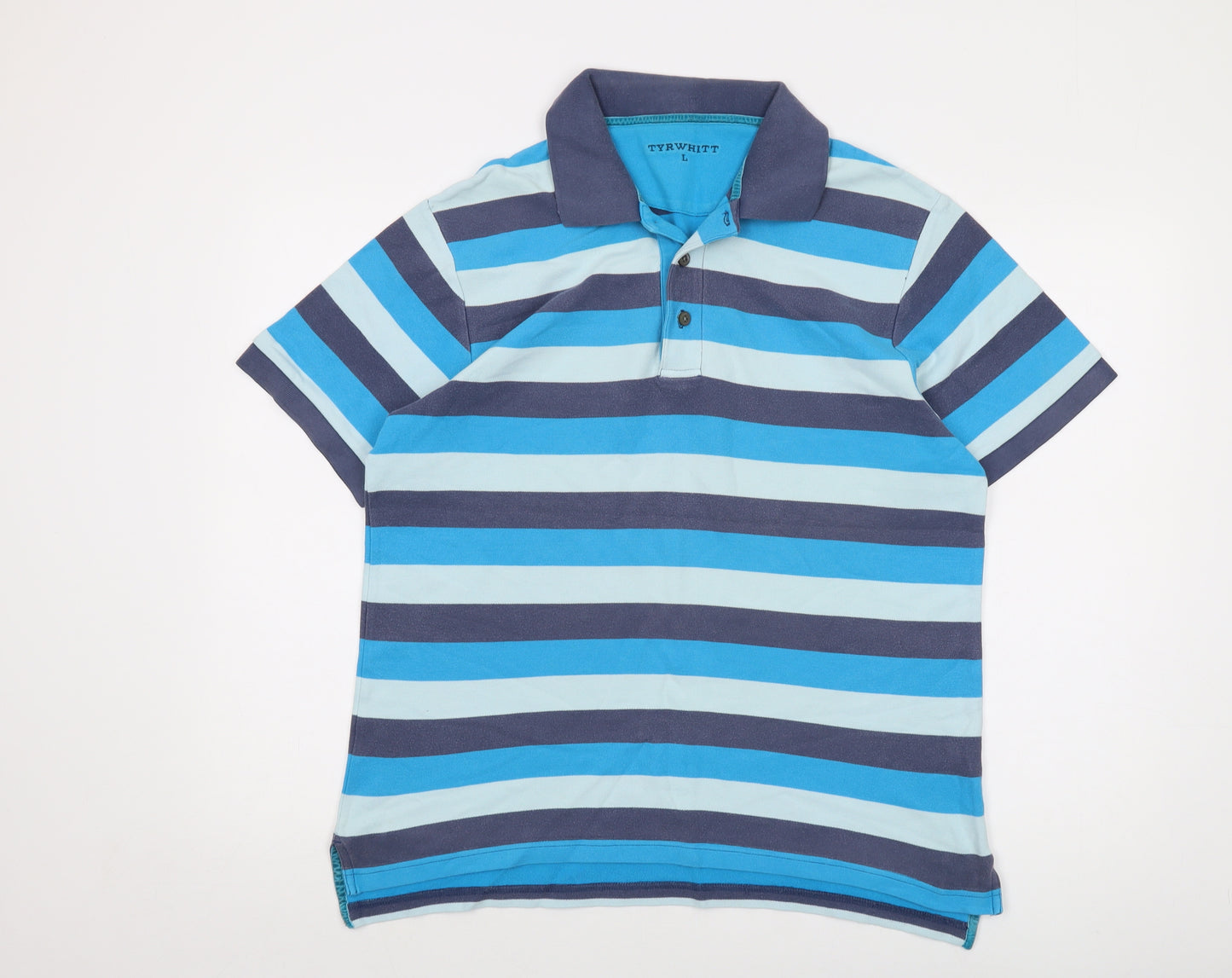 Charles Tyrwhitt Mens Blue Striped Cotton Polo Size L Collared Button