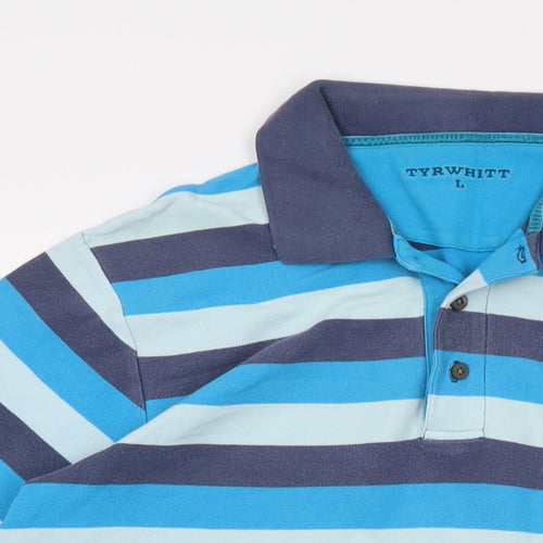 Charles Tyrwhitt Mens Blue Striped Cotton Polo Size L Collared Button