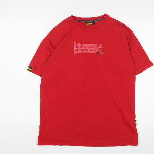 Plain Lazy Mens Red Cotton T-Shirt Size S Crew Neck