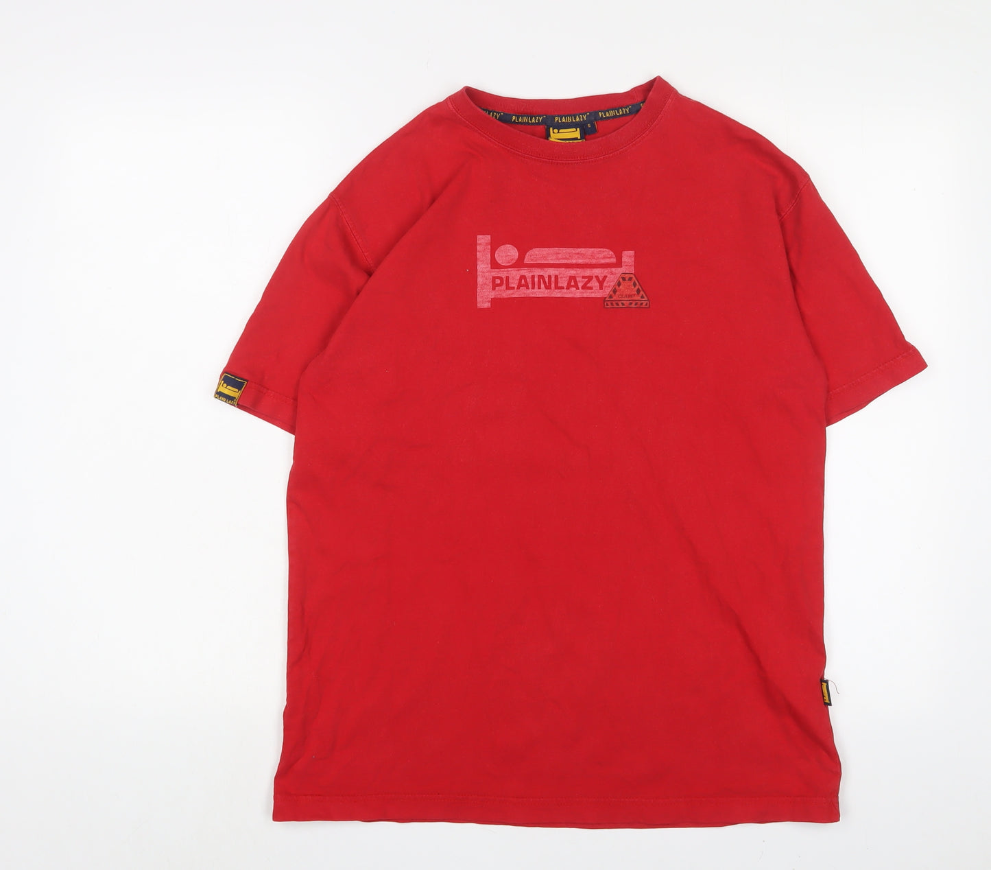 Plain Lazy Mens Red Cotton T-Shirt Size S Crew Neck