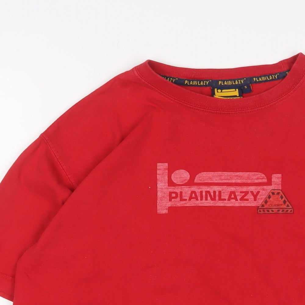 Plain Lazy Mens Red Cotton T-Shirt Size S Crew Neck