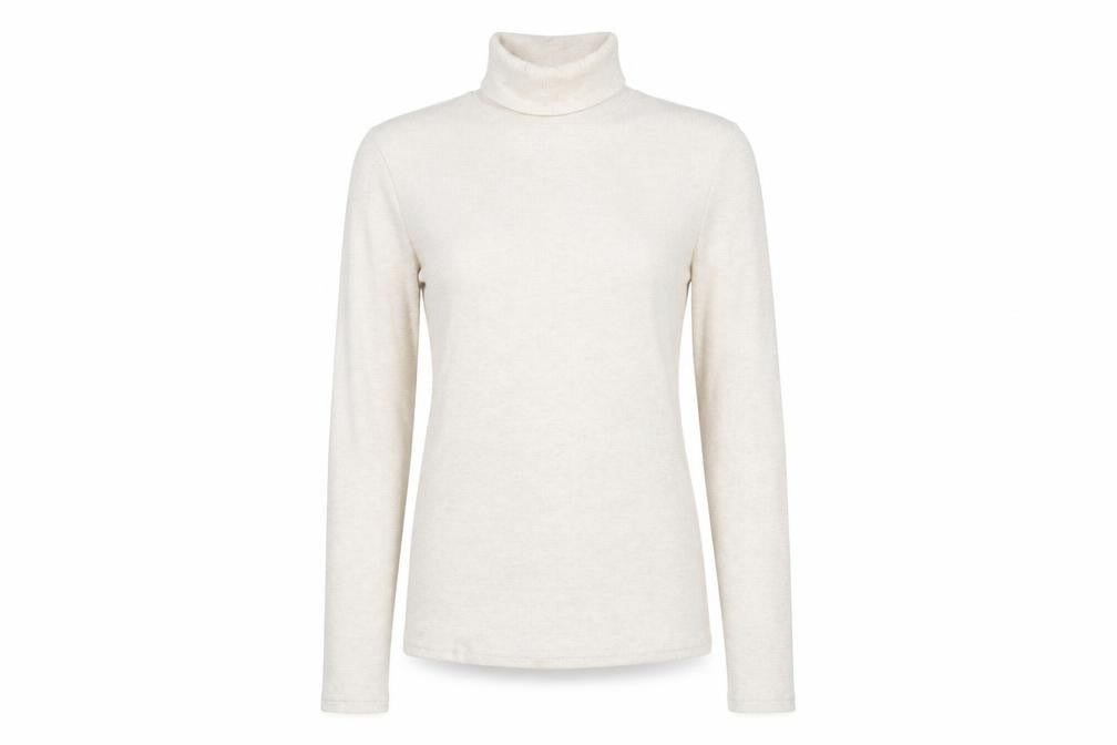 Front view of Marks & Spencer women’s beige polyester basic t-shirt, size UK 10, roll neck