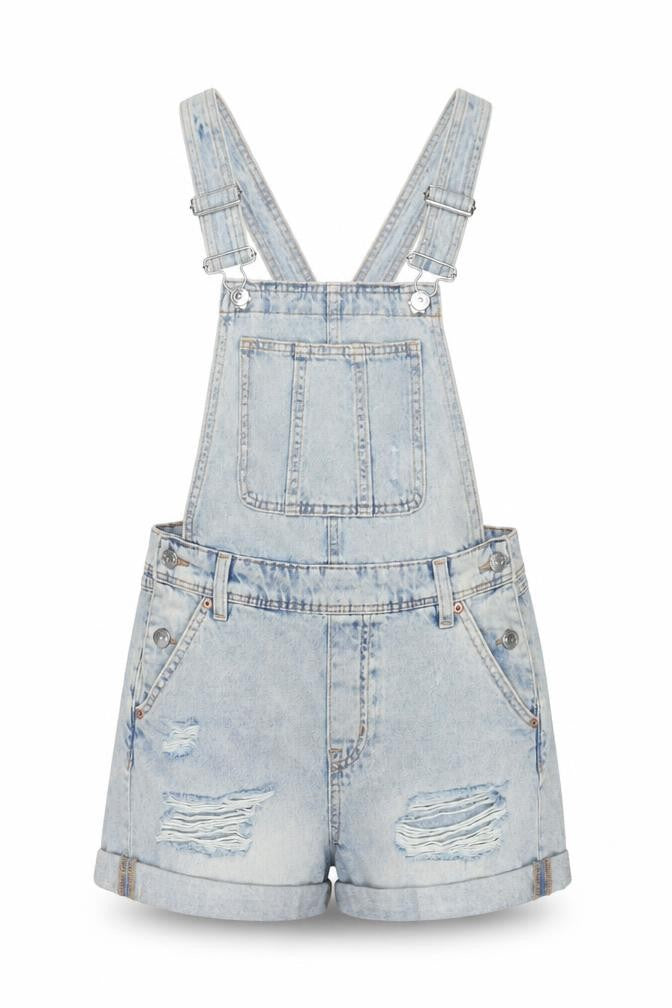 Front view of H&M women’s blue cotton dungaree one-piece, size UK 6, button