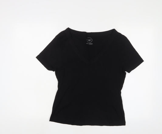 River Island Womens Black Cotton Basic T-Shirt Size 14 V-Neck