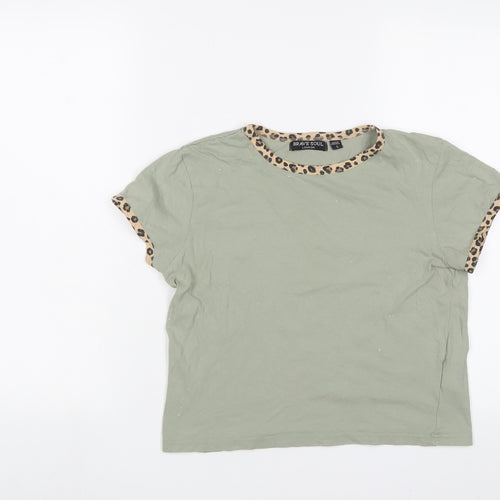 Brave Soul Womens Green Cotton Cropped T-Shirt Size S Crew Neck