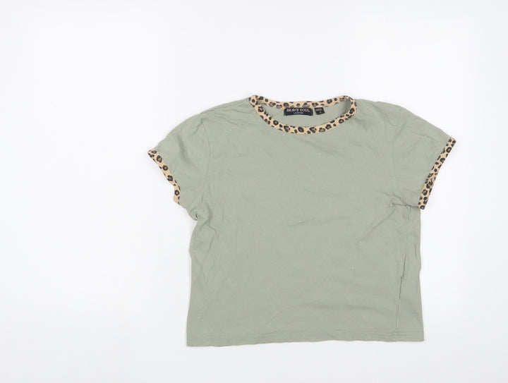 Brave Soul Womens Green Cotton Cropped T-Shirt Size S Crew Neck