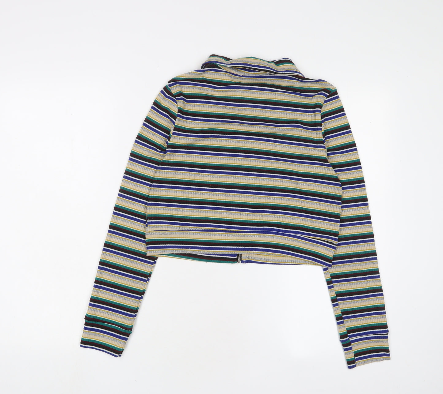 EMORY PARK Womens Multicoloured Striped Viscose Cropped T-Shirt Size M Collared