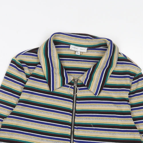 EMORY PARK Womens Multicoloured Striped Viscose Cropped T-Shirt Size M Collared