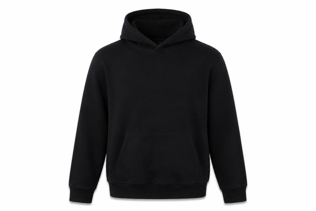 Front view of Burton men’s black cotton pullover hoodie, size M