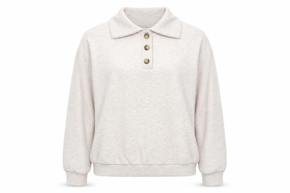 Front view of Very women’s beige cotton pullover sweatshirt, size UK 18, button