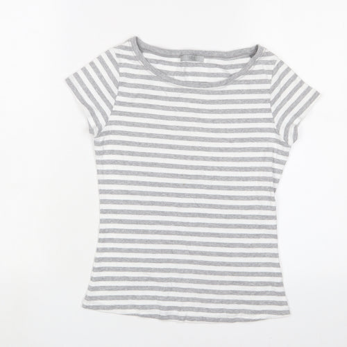 Marks and Spencer Womens Grey Striped Cotton Basic T-Shirt Size 10 Crew Neck