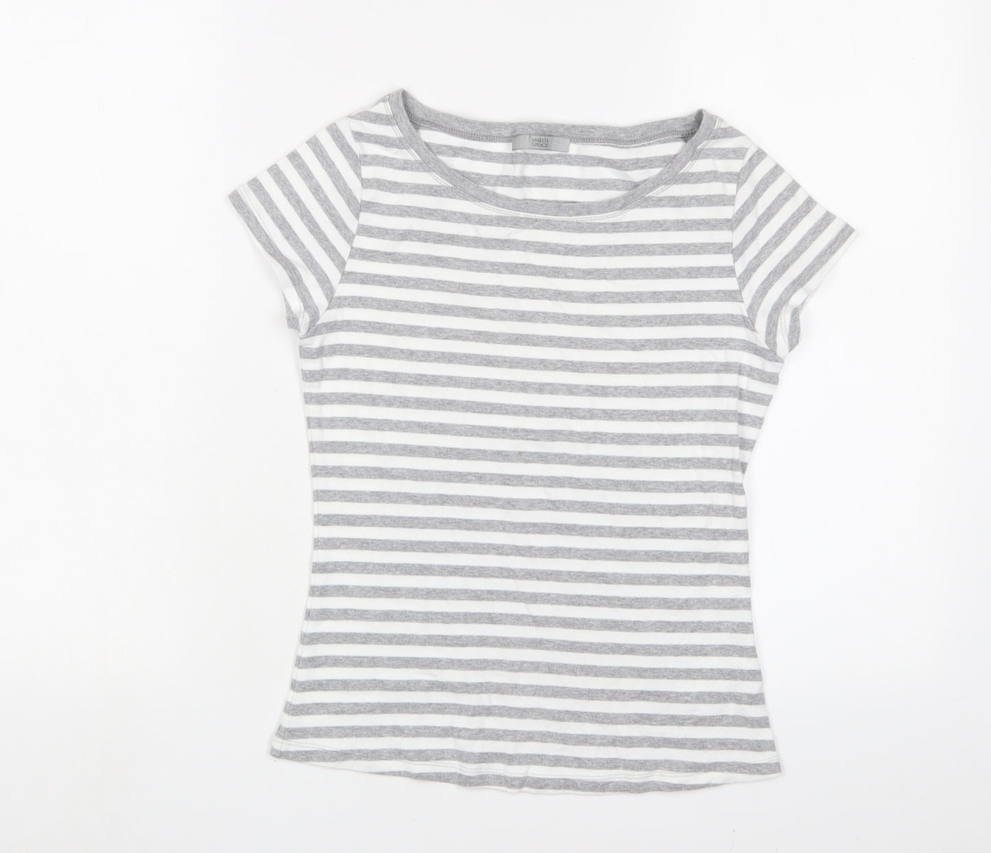 Marks and Spencer Womens Grey Striped Cotton Basic T-Shirt Size 10 Crew Neck