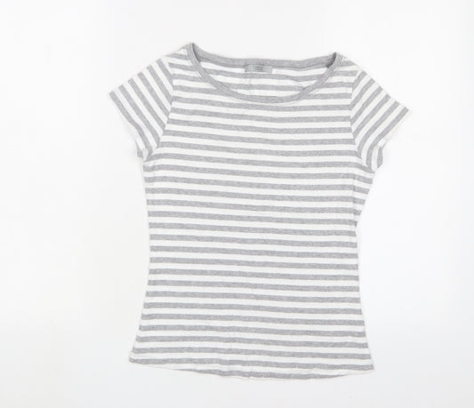 Marks and Spencer Womens Grey Striped Cotton Basic T-Shirt Size 10 Crew Neck