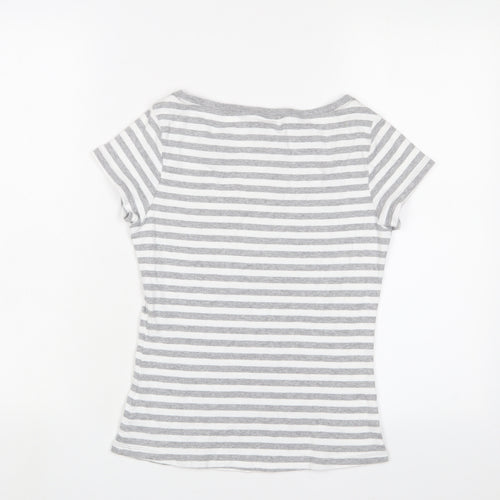 Marks and Spencer Womens Grey Striped Cotton Basic T-Shirt Size 10 Crew Neck