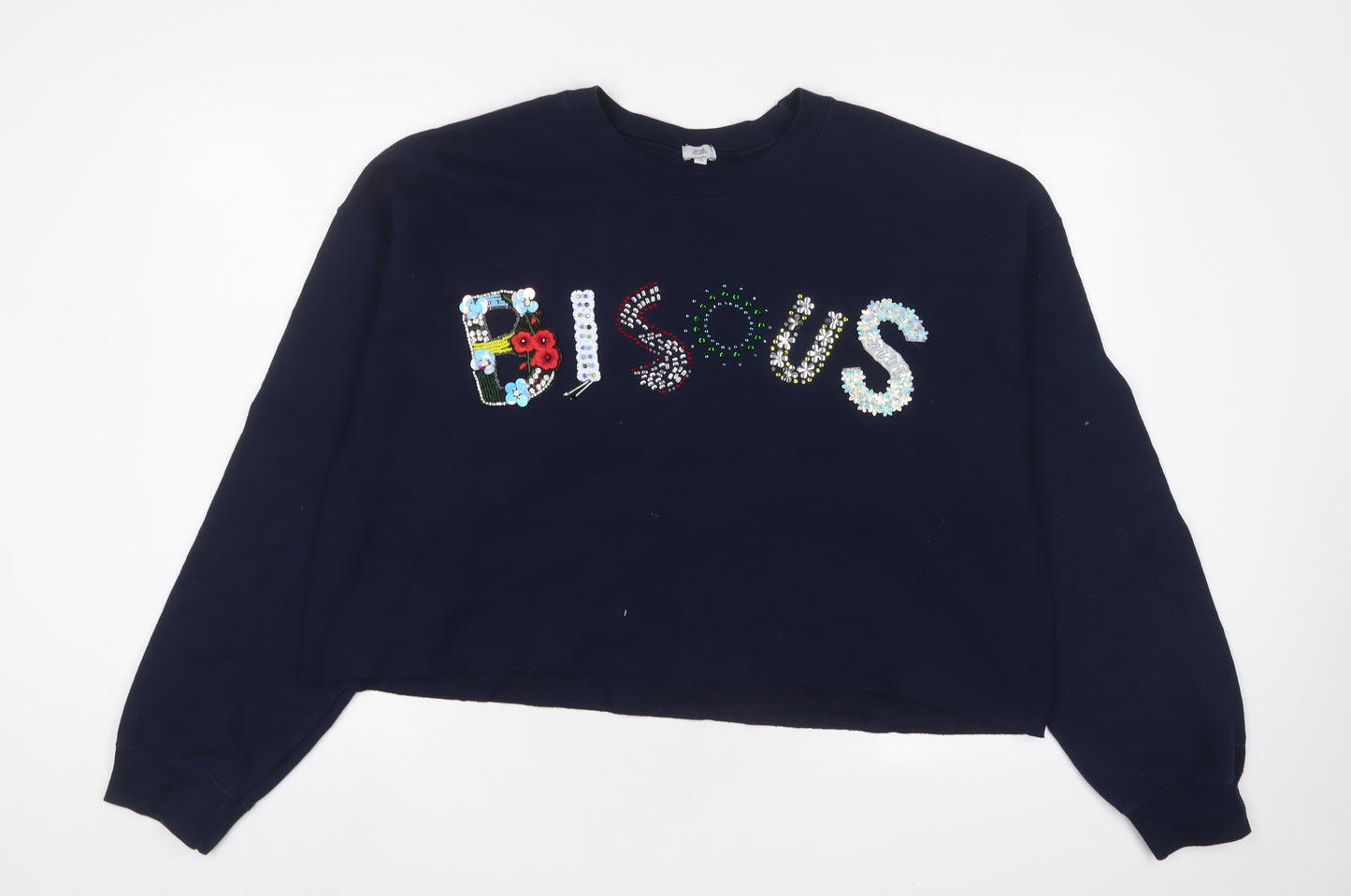 River Island Womens Blue Cotton Pullover Sweatshirt Size M Pullover - Sequins, Beaded