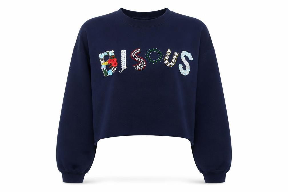 Front view of River Island women’s blue cotton pullover sweatshirt, size M, pullover - sequins, beaded