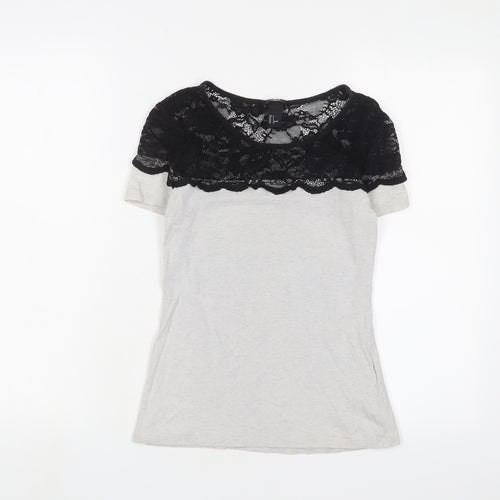 H&M Womens Grey Cotton Basic T-Shirt Size S Crew Neck - Lace