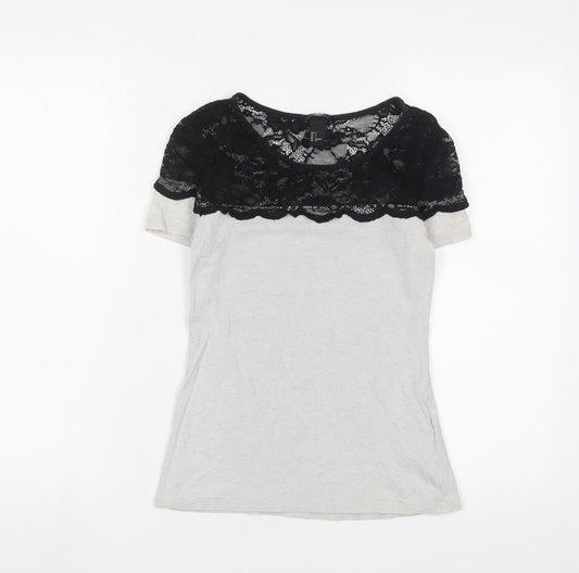 H&M Womens Grey Cotton Basic T-Shirt Size S Crew Neck - Lace