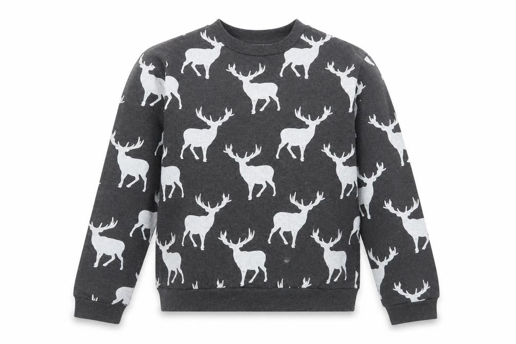 Front view of Twisted Gorilla men’s grey cotton pullover sweatshirt, size XL, - reindeers