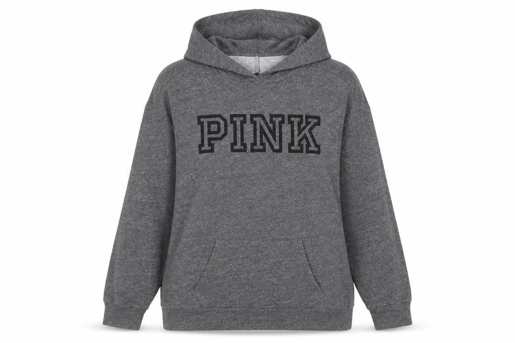 Front view of PINK women’s grey cotton pullover hoodie, size M, pullover - logo
