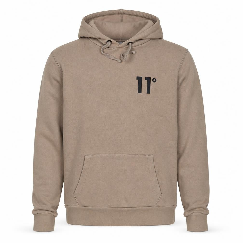 Front view of 11 Degrees men’s brown cotton pullover hoodie, size XS, - logo