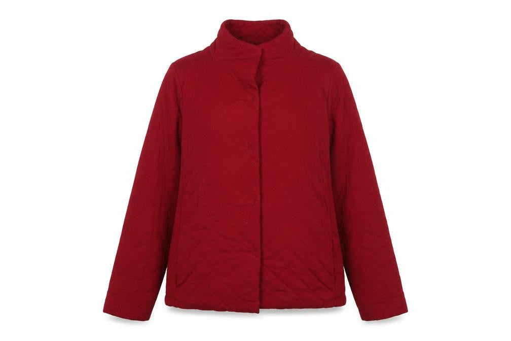 Front view of Lands' End women’s red cotton full zip sweatshirt, size UK 10, zip