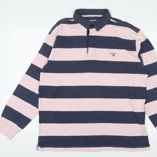 GANT Mens Pink Striped Cotton Polo Size L Collared Button - Logo, Embroidered