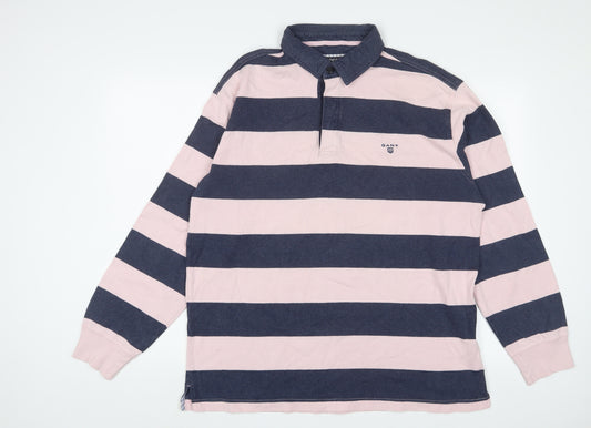 GANT Mens Pink Striped Cotton Polo Size L Collared Button - Logo, Embroidered