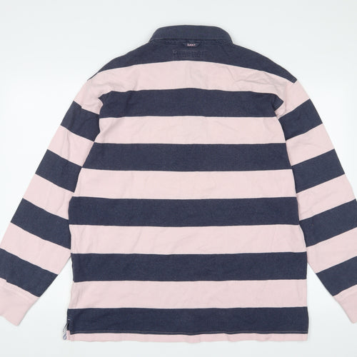 GANT Mens Pink Striped Cotton Polo Size L Collared Button - Logo, Embroidered