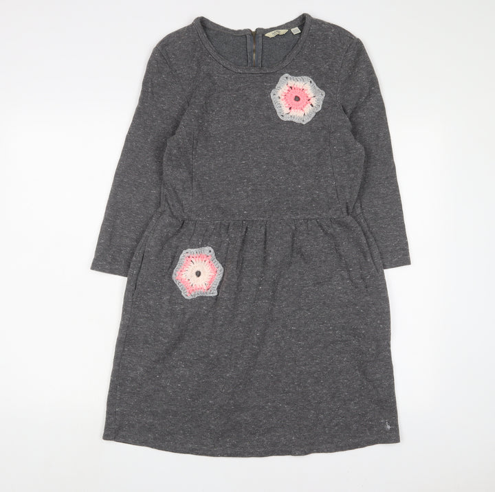 Jack Wills Womens Grey Floral Cotton A-Line Size 12 Crew Neck Zip - Embroidered