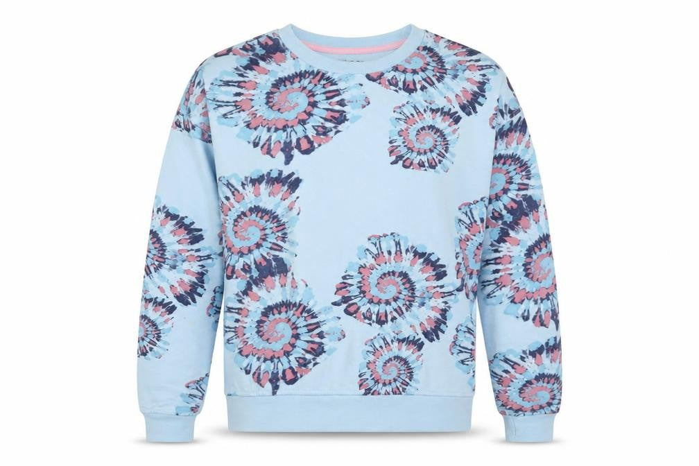 Front view of Reebok girls’ blue geometric cotton pullover sweatshirt, size 14-15, years pullover - logo