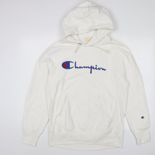 Champion Mens White Cotton Pullover Hoodie Size L - Logo, Embroidered